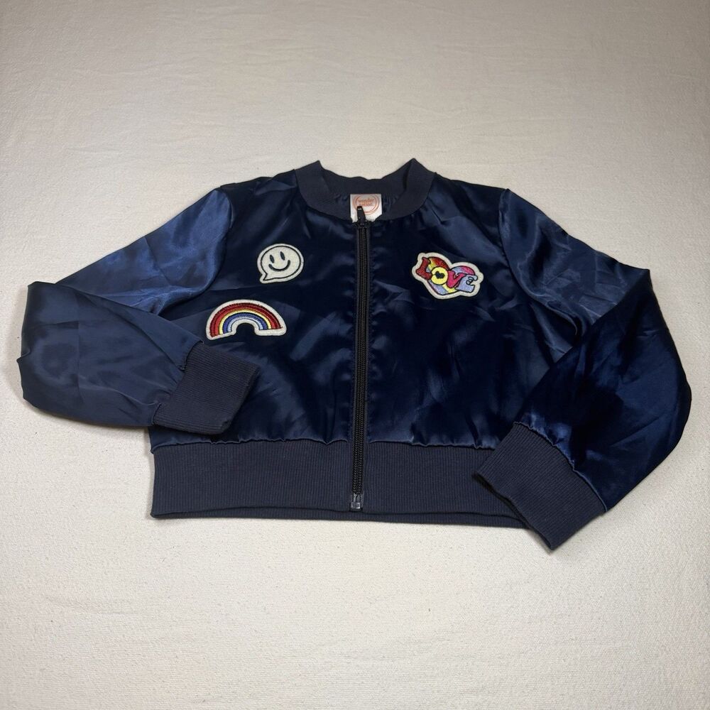 Wonder Nation Girls Blue Soft Rainbow Love Patch Crop Bomber Jacket Size XS 7-8